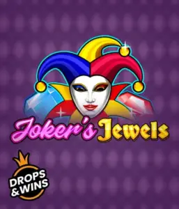 Experience the colorful world of the Joker's Jewels game by Pragmatic Play, showcasing a charming joker's mask embellished with a vivid jester hat. This graphic captures the fun and excitement of casino gaming, set against a lavender background. Ideal for those who love classic slot games, promising a delightful play experience. 