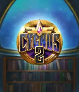 Experience the enchanting visuals of ELK Studios' Cygnus 2 Slot, highlighting a stunning emblem with a shining design in purple and gold. Positioned against a celestial library setting, this graphic evokes the spirit of adventure and mystery. 